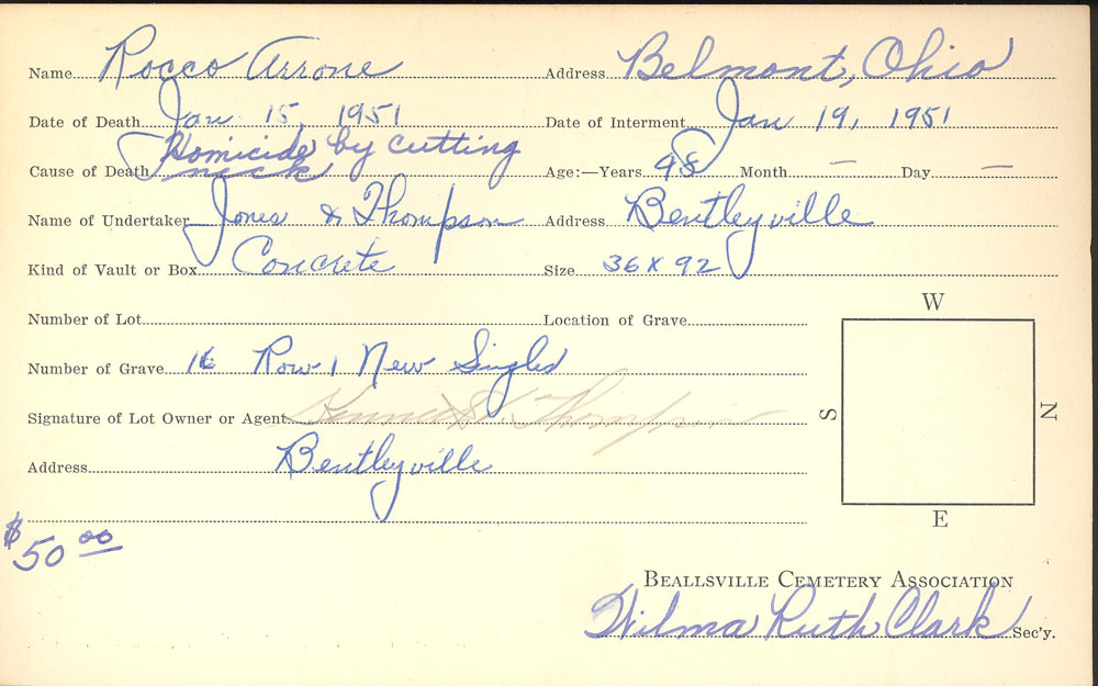 Rocco Arone burial card